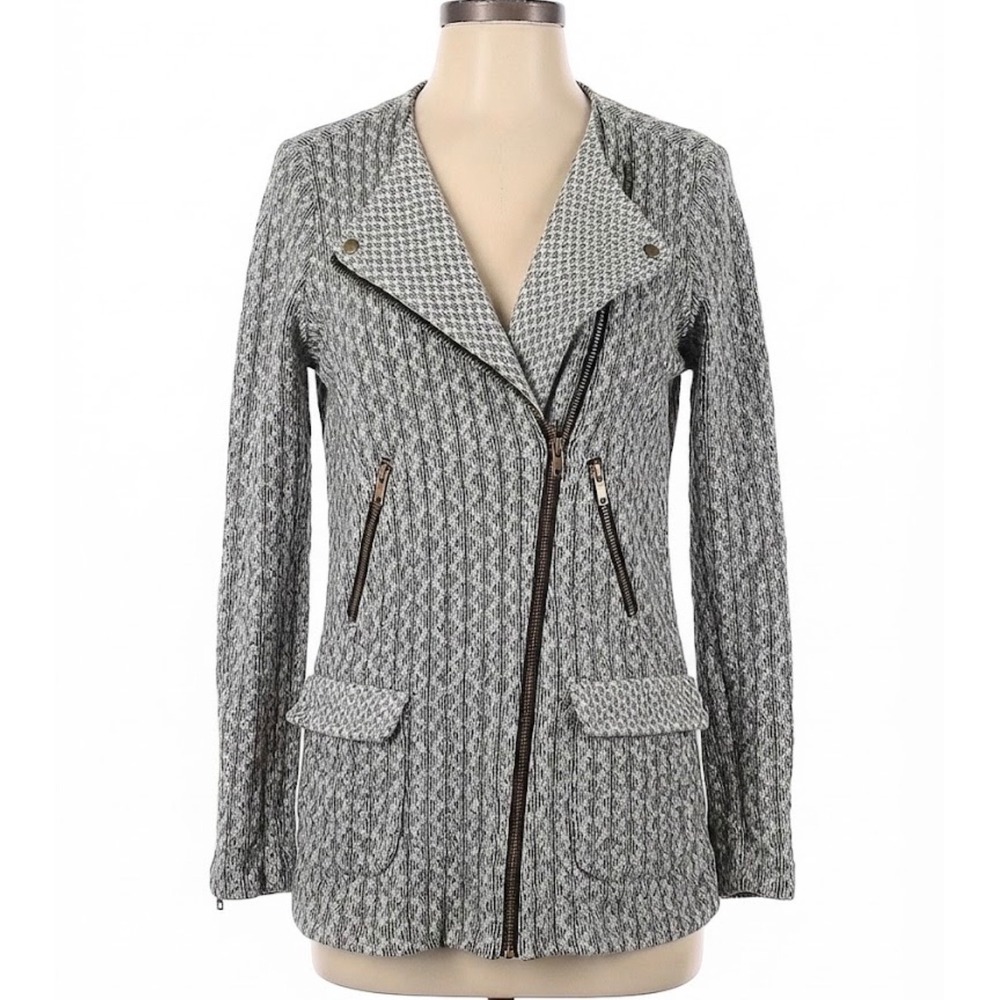 Lucky Brand Lucky Lotus Moto Jacket Women L Gray Black Cotton Zip Knit Sweater